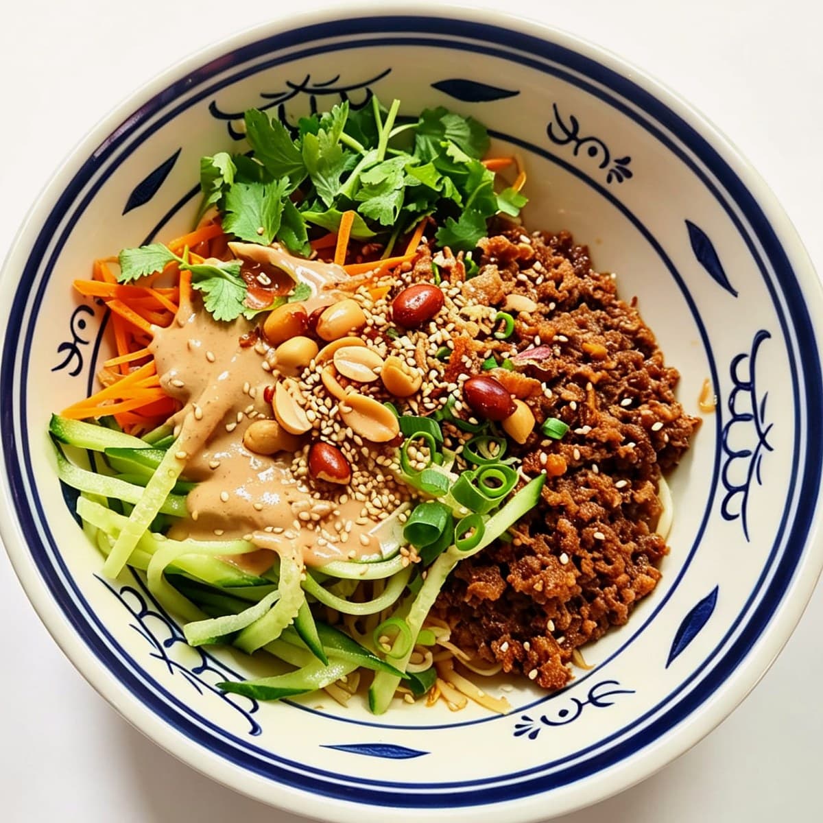 Nouilles sésame au bœuf, sauce sésame et cacahuètes, concombre, carotte