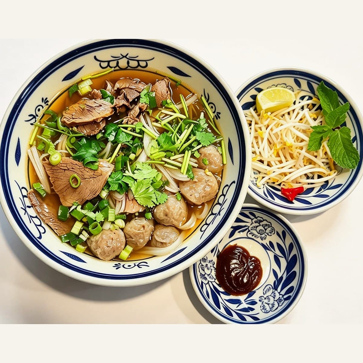 Phở au bœuf avec boulettes, servi avec pousses de soja, citron et sauce hoisin